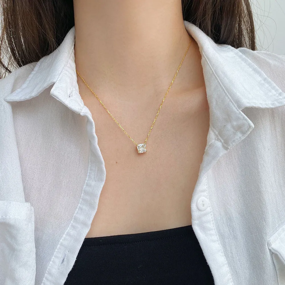 925 silver geometric square white diamond pendant necklace on adjustable clavicle chain in N166 platinum finish