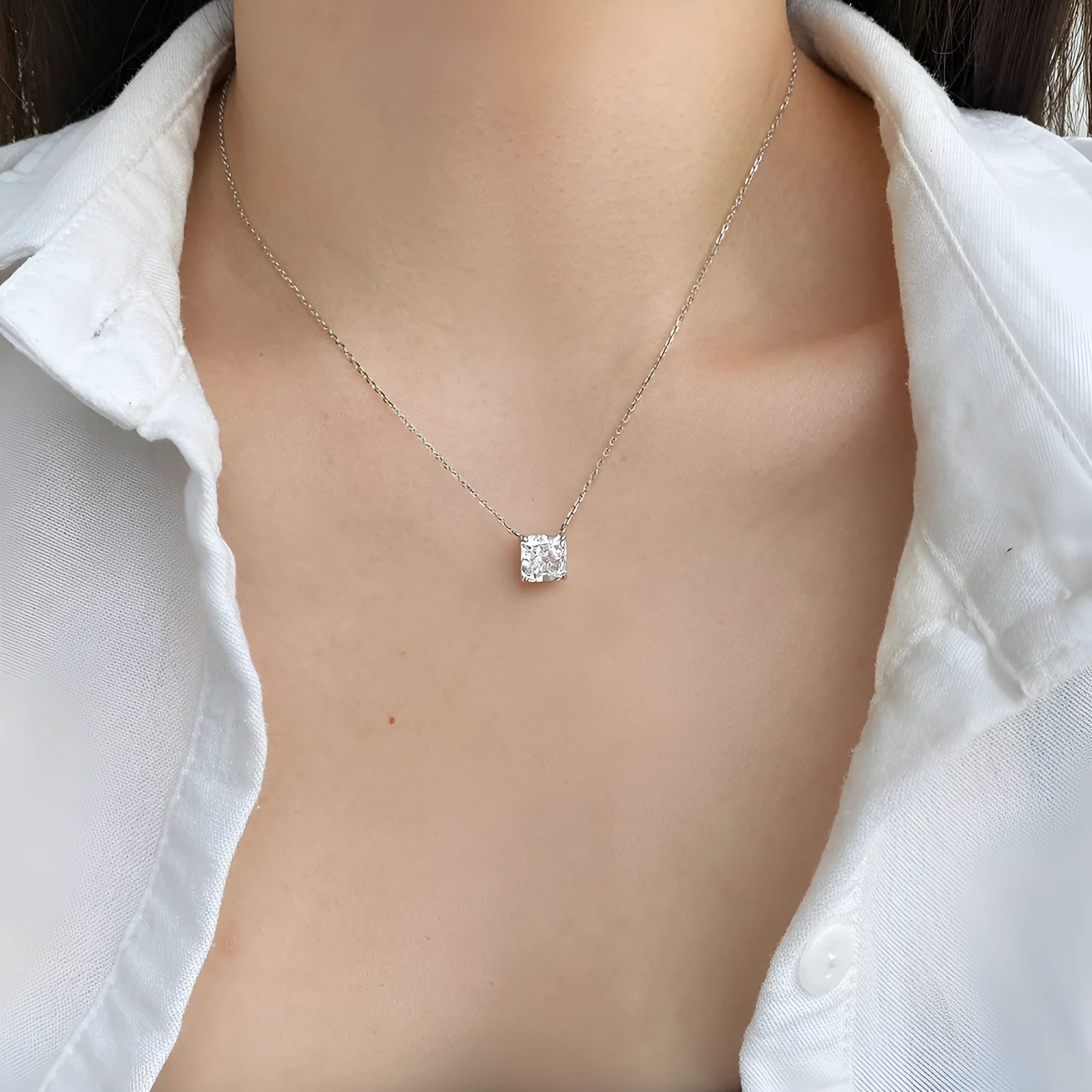 925 silver geometric square white diamond pendant necklace on adjustable clavicle chain in N166 platinum finish