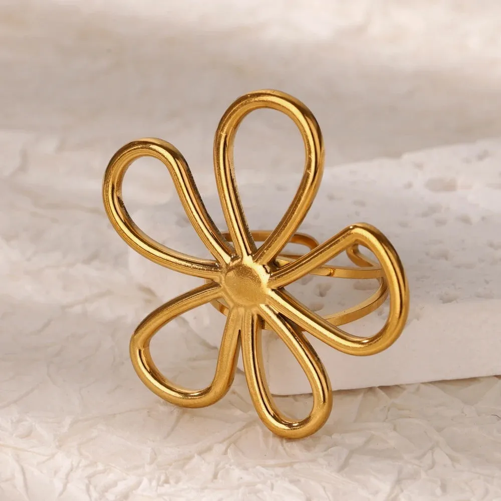 Stainless steel open mouth hollow flower ring for women in gold finish