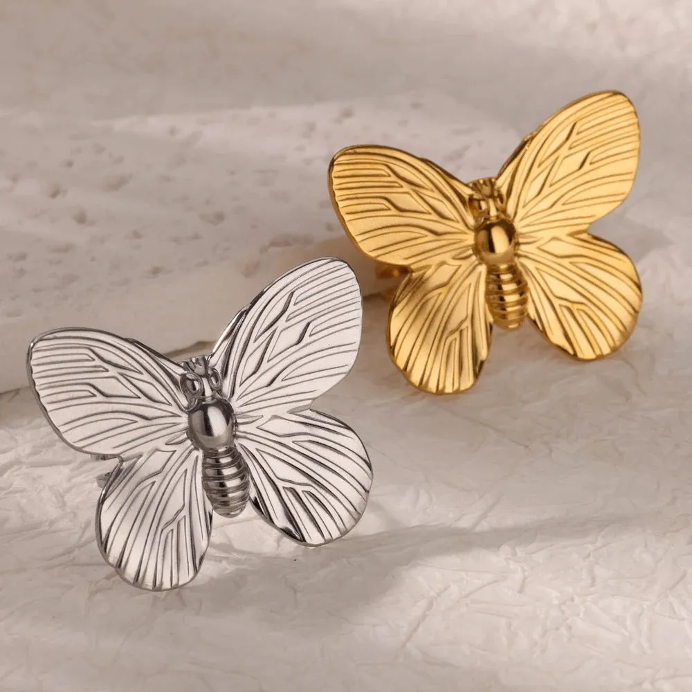 Stainless steel open mouth hollow flower ring for women in gold finish