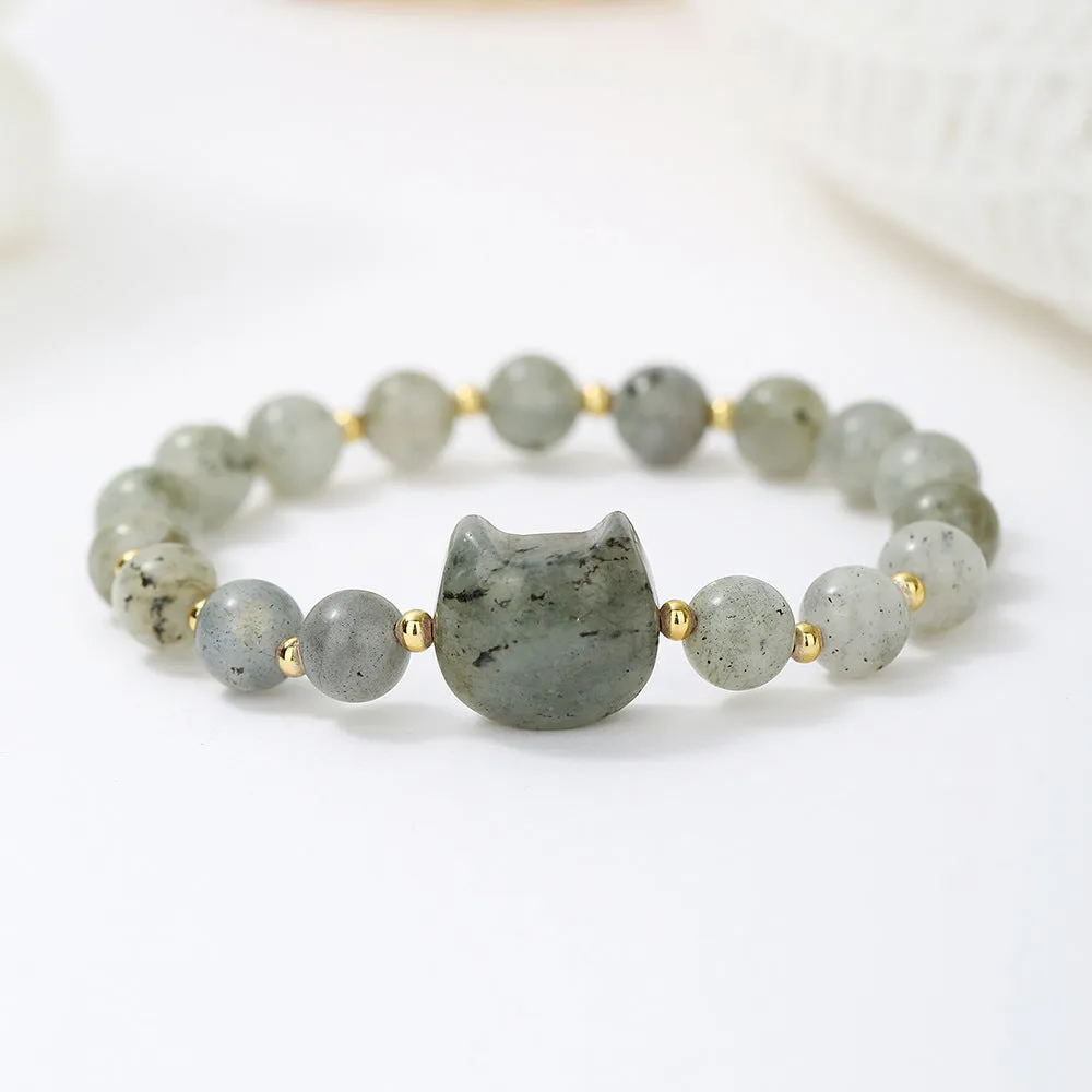 Natural stone cat head charm bracelet in Gray Moonlight colour – hand-strung stone beads on cord