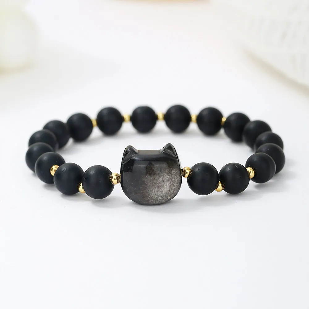 Natural stone cat head charm bracelet in Gray Moonlight colour – hand-strung stone beads on cord