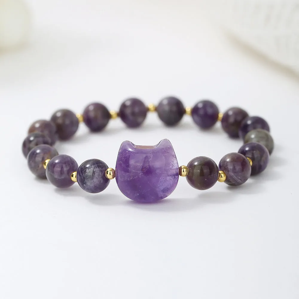 Natural stone cat head charm bracelet in Gray Moonlight colour – hand-strung stone beads on cord