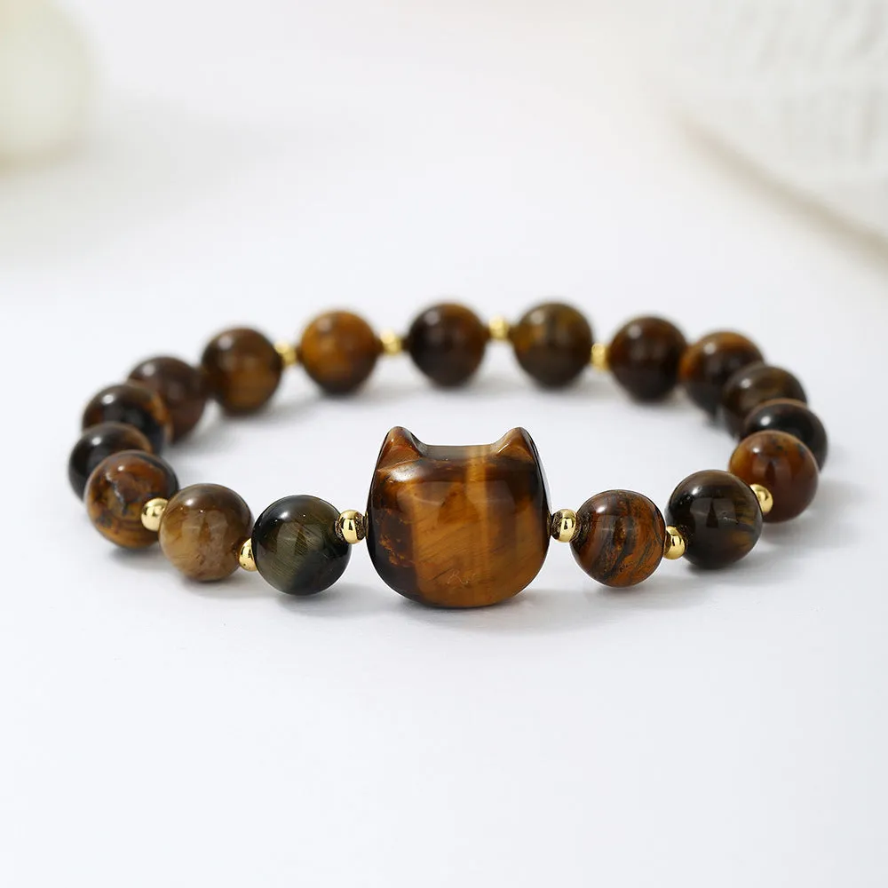 Natural stone cat head charm bracelet in Gray Moonlight colour – hand-strung stone beads on cord