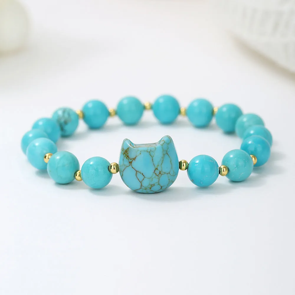 Natural stone cat head charm bracelet in Gray Moonlight colour – hand-strung stone beads on cord