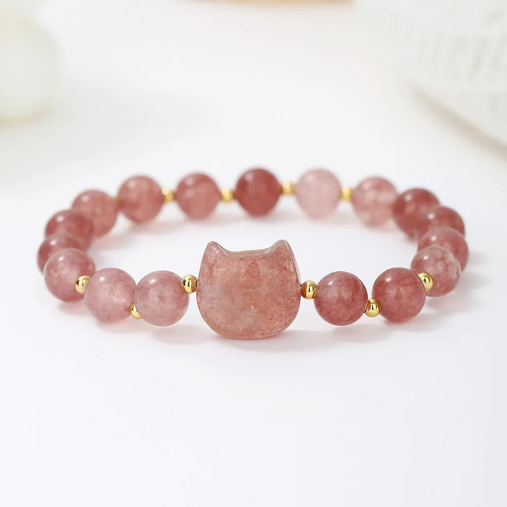 Natural stone cat head charm bracelet in Gray Moonlight colour – hand-strung stone beads on cord