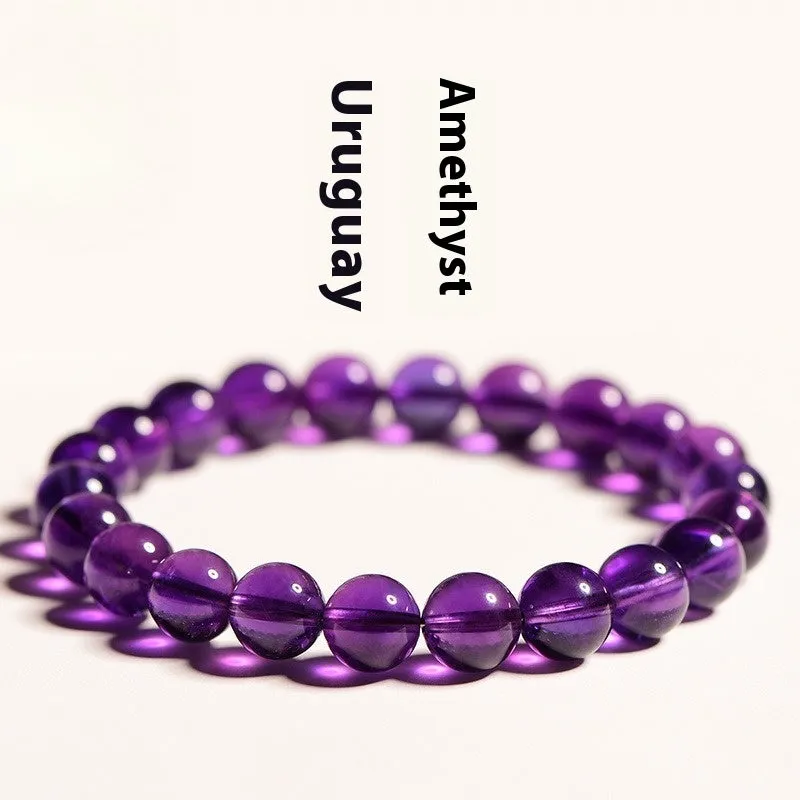 Natural amethyst Uruguay bracelet with polished purple beads, shown in single circle and triple ring designs.