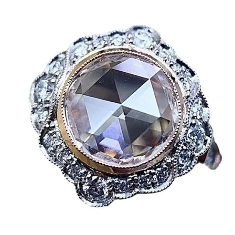 Rose gold two-tone alloy ring with white diamond moissanite, geometric shape, women's jewellery