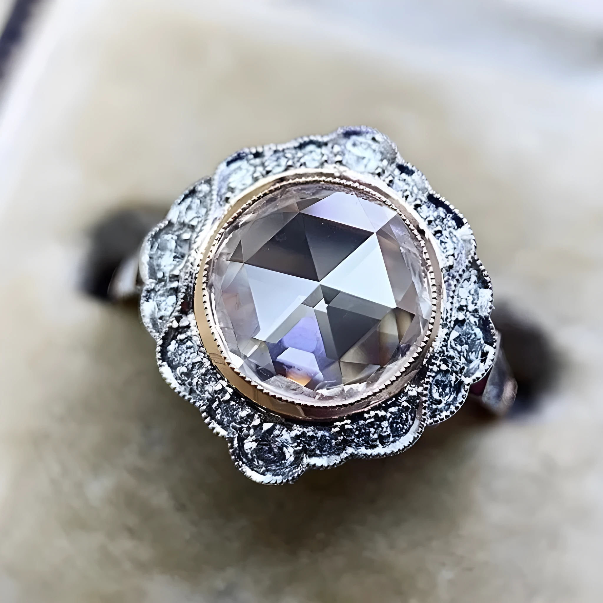 Rose gold two-tone alloy ring with white diamond moissanite, geometric shape, women's jewellery