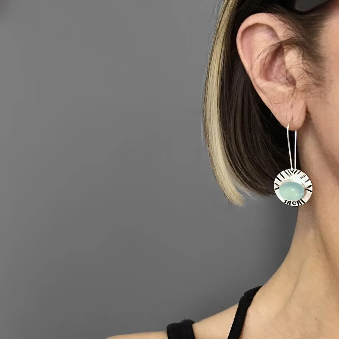 Antique silver water green chalcedony drop earrings for women, 44mm by 17mm, retro style with round elements
