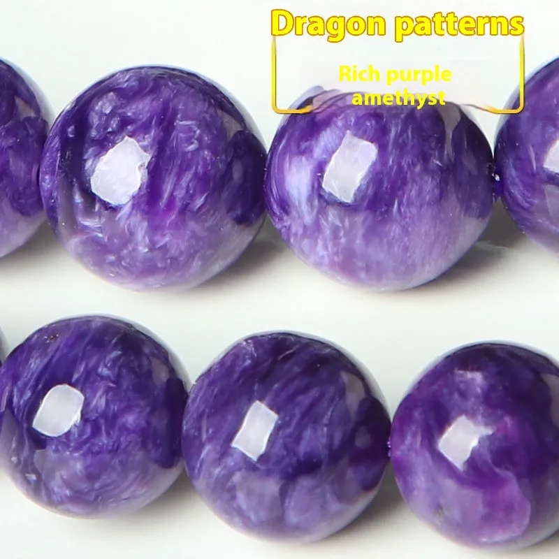 Natural transparent charoite crystal bracelet with platinum setting, showing different bead size options on a wrist.