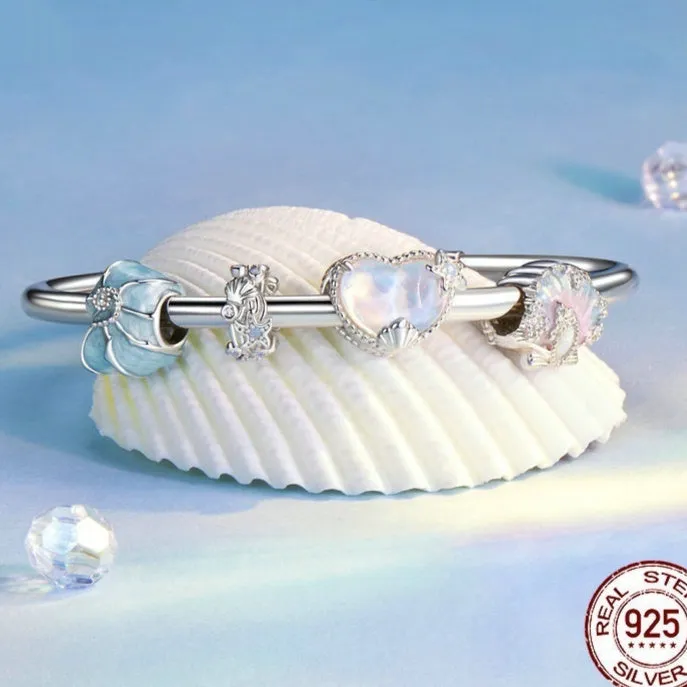 Ocean Wind Series 925 silver DIY bracelet beads with shell pattern and starfish element, 10x12mm size