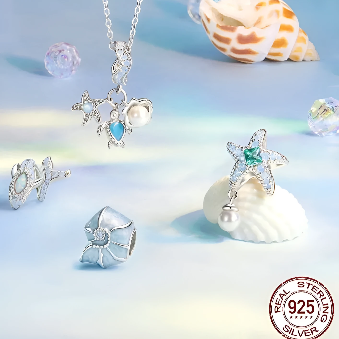Ocean Wind Series 925 silver DIY bracelet beads with shell pattern and starfish element, 10x12mm size