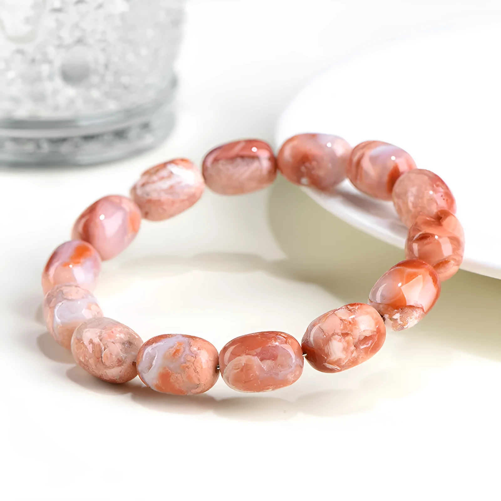 Natural cherry agate barrel shaped bead bracelet with 10x14mm geometry beads and Ruyi design elements