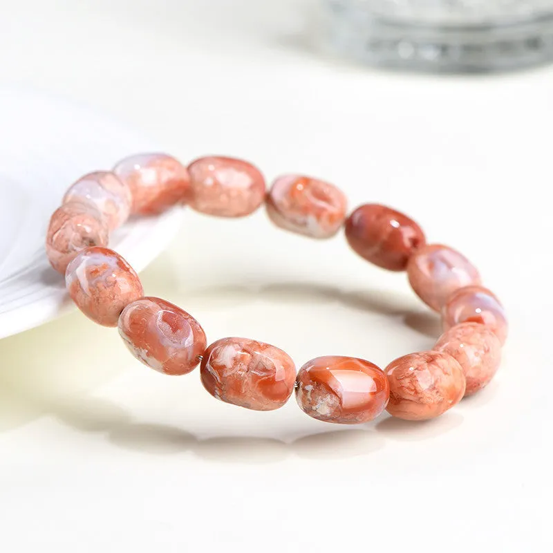 Natural cherry agate barrel shaped bead bracelet with 10x14mm geometry beads and Ruyi design elements