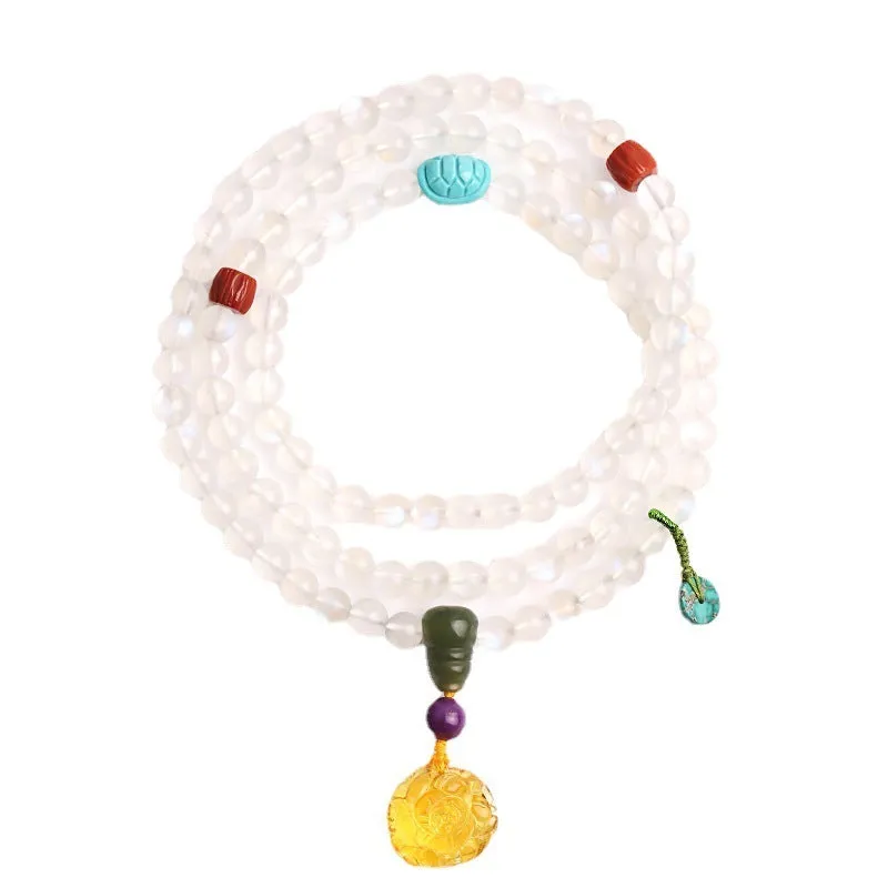 Blue light glass moonstone 108 prayer beads bracelet for women with beeswax finish white colour ethnic style.