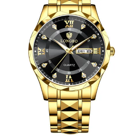 Men's waterproof luminous dual calendar watch with black face silver nail, mineral glass, stainless steel butterfly clasp