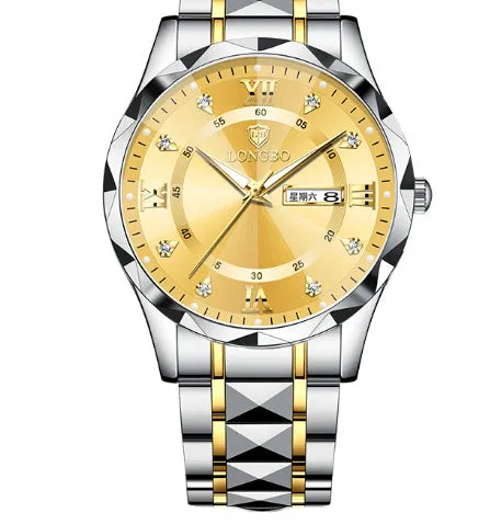 Men's waterproof luminous dual calendar watch with black face silver nail, mineral glass, stainless steel butterfly clasp