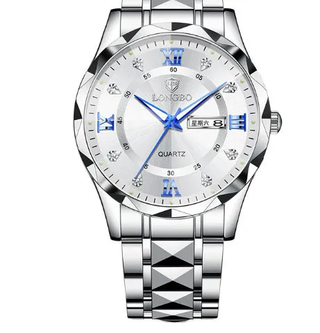 Men's waterproof luminous dual calendar watch with black face silver nail, mineral glass, stainless steel butterfly clasp