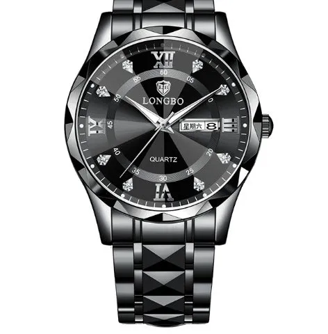 Men's waterproof luminous dual calendar watch with black face silver nail, mineral glass, stainless steel butterfly clasp