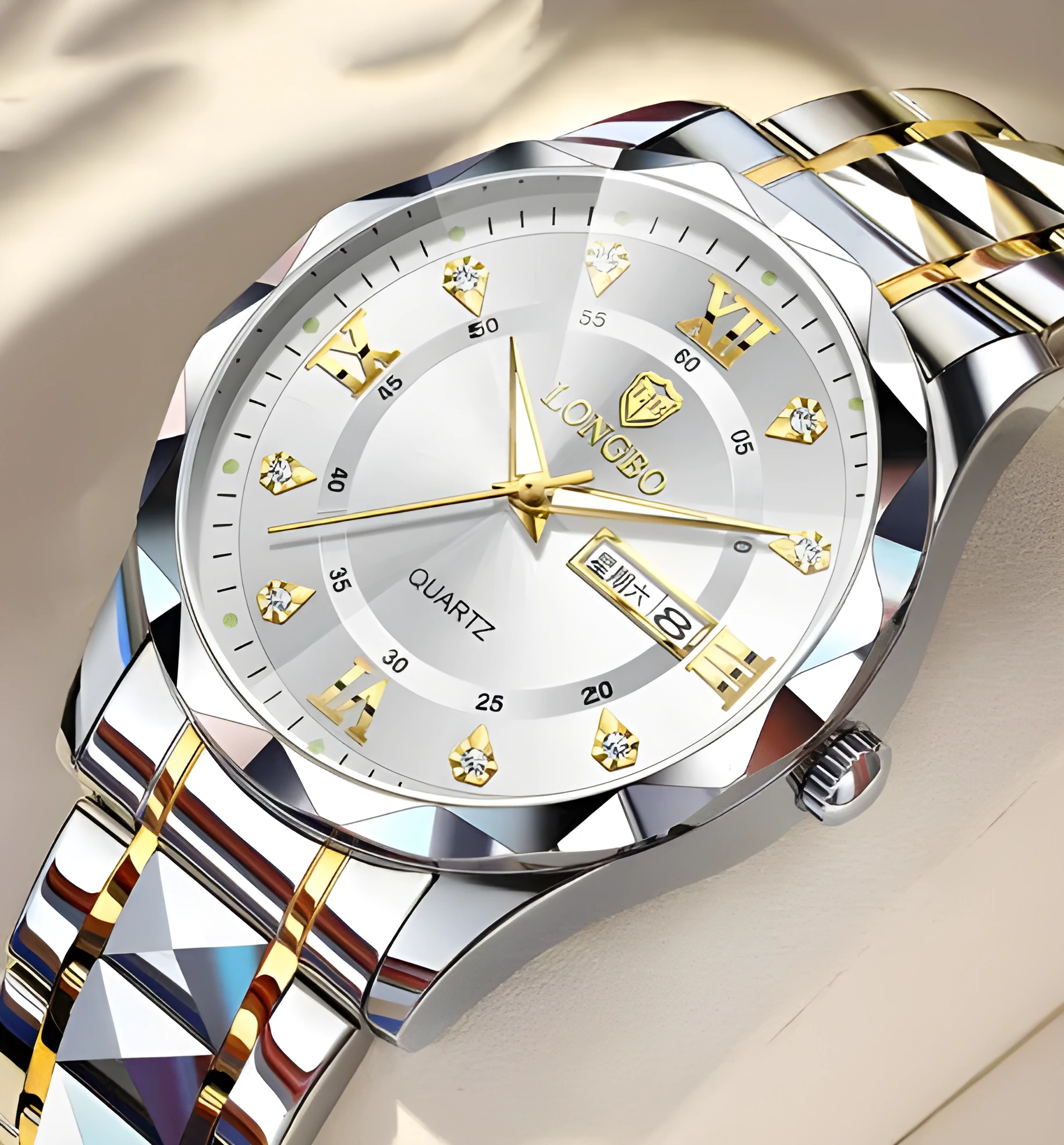 Men's waterproof luminous dual calendar watch with black face silver nail, mineral glass, stainless steel butterfly clasp