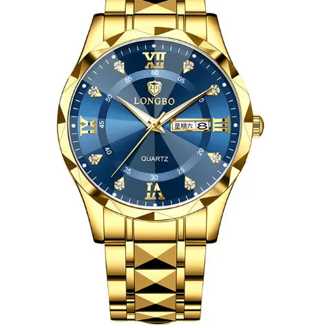 Men's waterproof luminous dual calendar watch with black face silver nail, mineral glass, stainless steel butterfly clasp