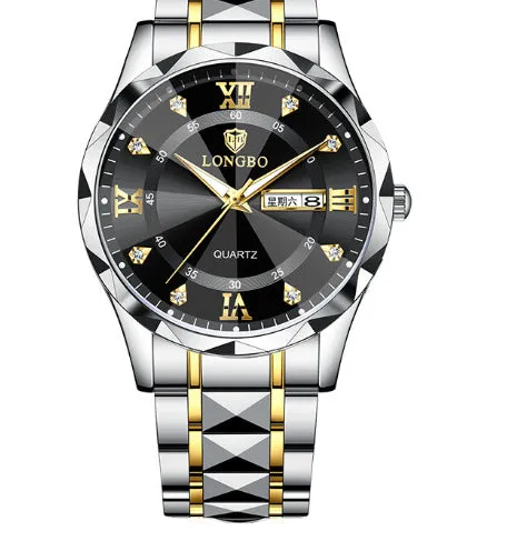 Men's waterproof luminous dual calendar watch with black face silver nail, mineral glass, stainless steel butterfly clasp