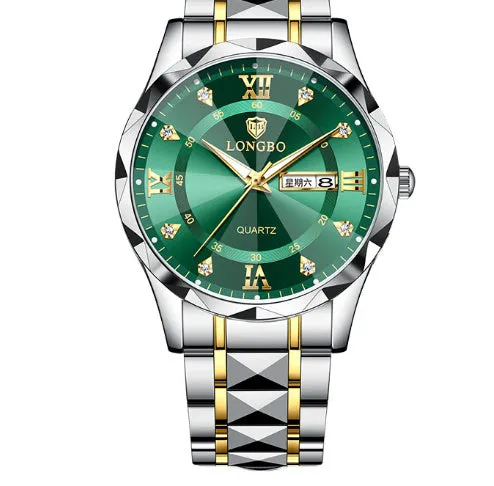 Men's waterproof luminous dual calendar watch with black face silver nail, mineral glass, stainless steel butterfly clasp