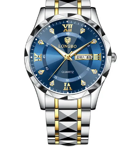 Men's waterproof luminous dual calendar watch with black face silver nail, mineral glass, stainless steel butterfly clasp