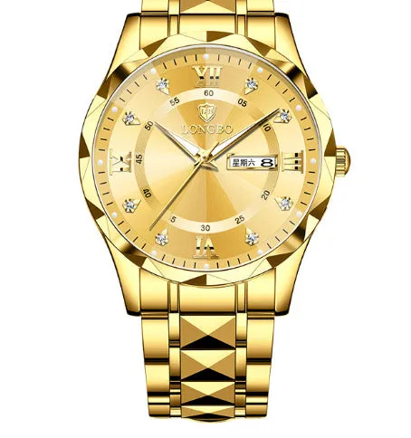 Men's waterproof luminous dual calendar watch with black face silver nail, mineral glass, stainless steel butterfly clasp