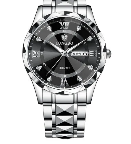Men's waterproof luminous dual calendar watch with black face silver nail, mineral glass, stainless steel butterfly clasp