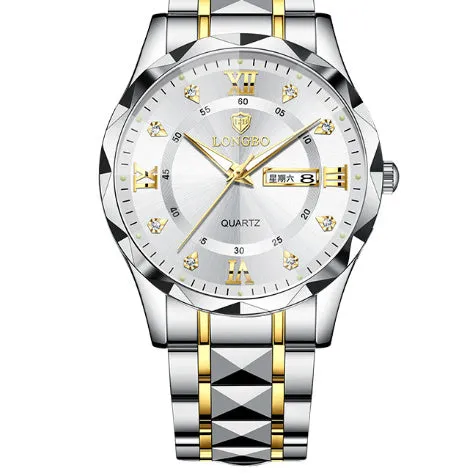Men's waterproof luminous dual calendar watch with black face silver nail, mineral glass, stainless steel butterfly clasp