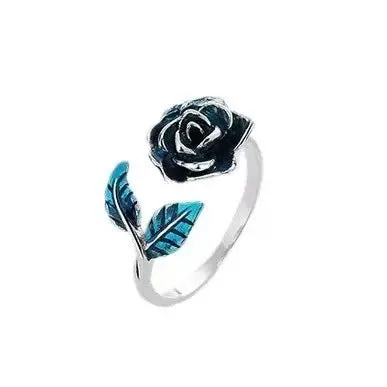 Retro blue enamel rose adjustable ring for women in copper casual style