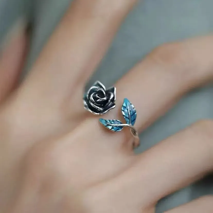 Retro blue enamel rose adjustable ring for women in copper casual style