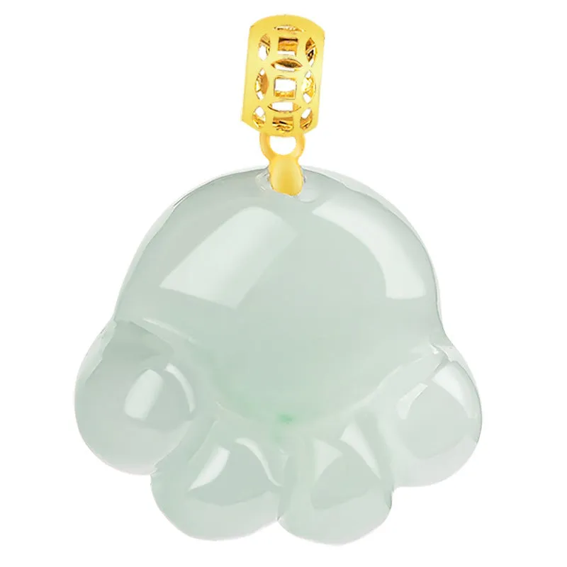 Emerald light green jade cat's paw pendant with 18K gold buckle and certificate on a white background