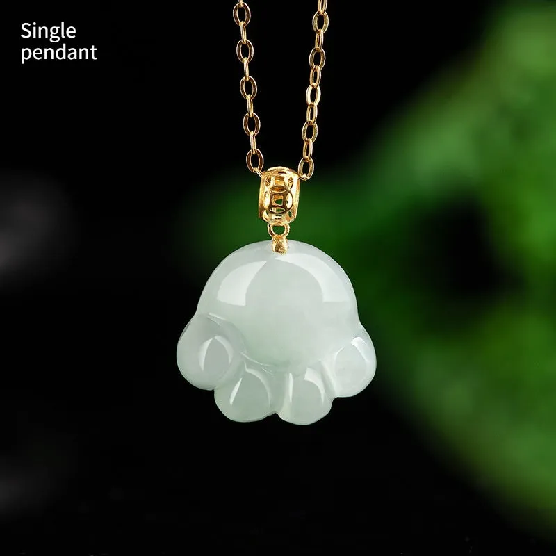 Emerald light green jade cat's paw pendant with 18K gold buckle and certificate on a white background