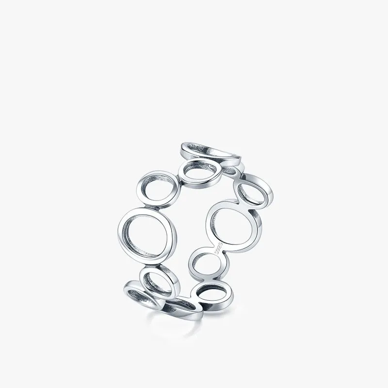 S925 sterling silver geometric circle ring with ellipse motif, women's size US 7 on display