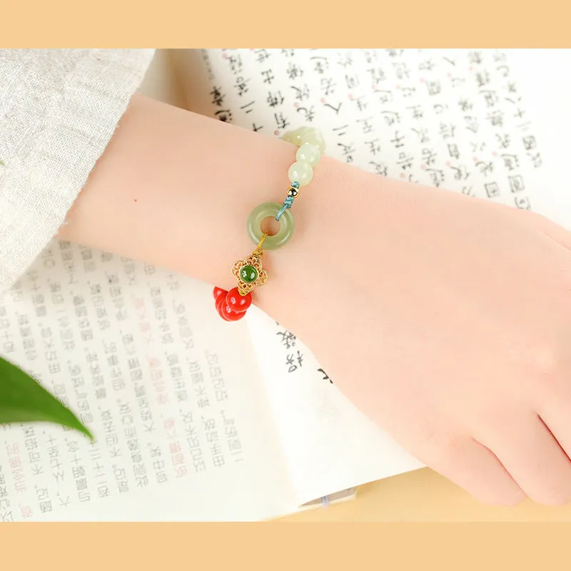 Hetian gray jade safety buckle cinnabar bracelet flower shape 8mm women's retro ethnic style