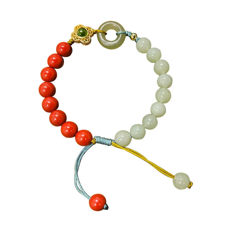 Hetian gray jade safety buckle cinnabar bracelet flower shape 8mm women's retro ethnic style