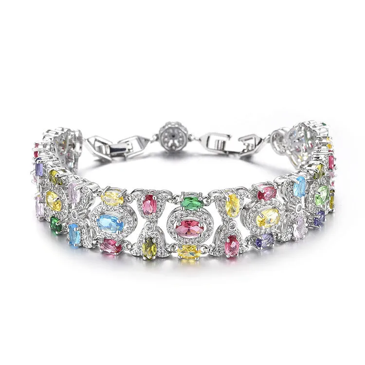 Colorful full diamond women's bracelet on display, 18cm adjustable length with extension buckle, anti-sensitivity brass base