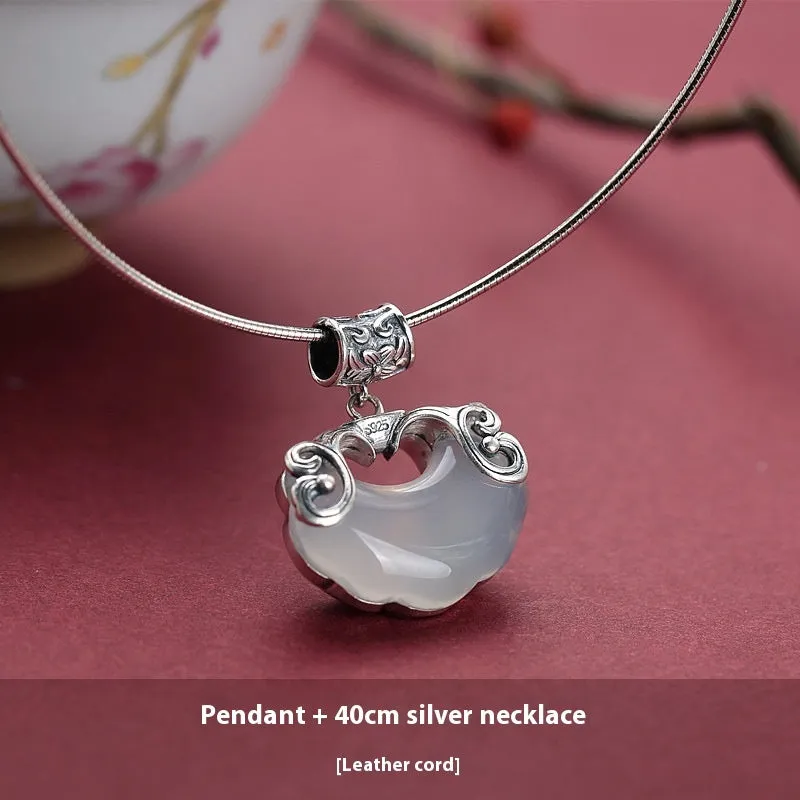 Jade Top Koi sterling silver pendant necklace with natural chalcedony and longevity lock collar in white chalcedony 45cm option
