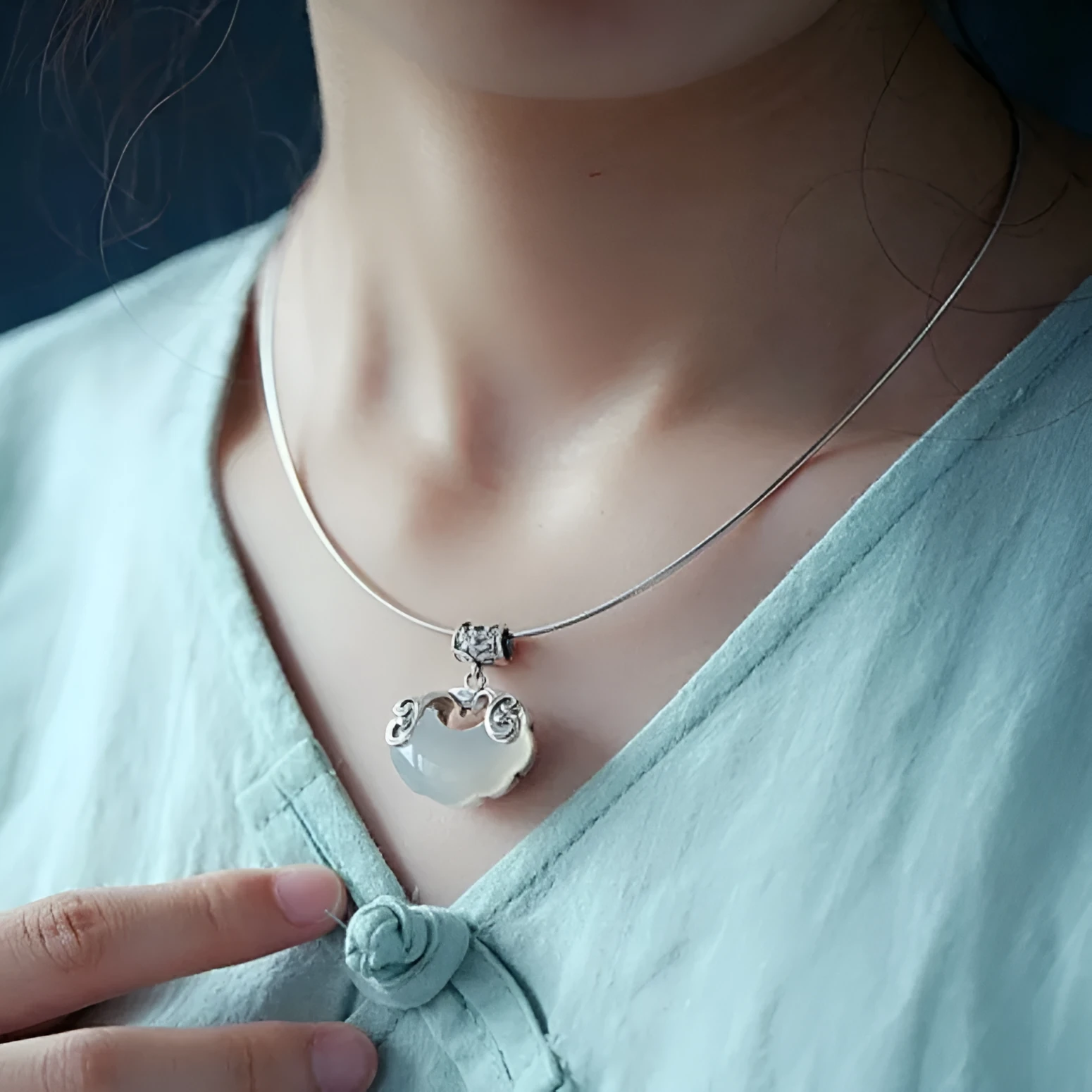 Jade Top Koi sterling silver pendant necklace with natural chalcedony and longevity lock collar in white chalcedony 45cm option