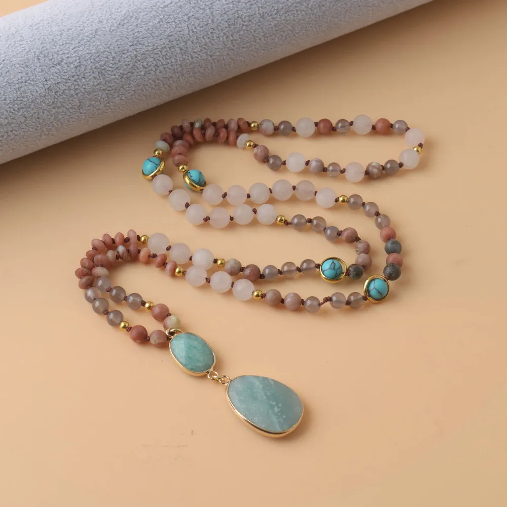 Unisex natural stone beaded necklace with round beads in pink and green colour options on white background