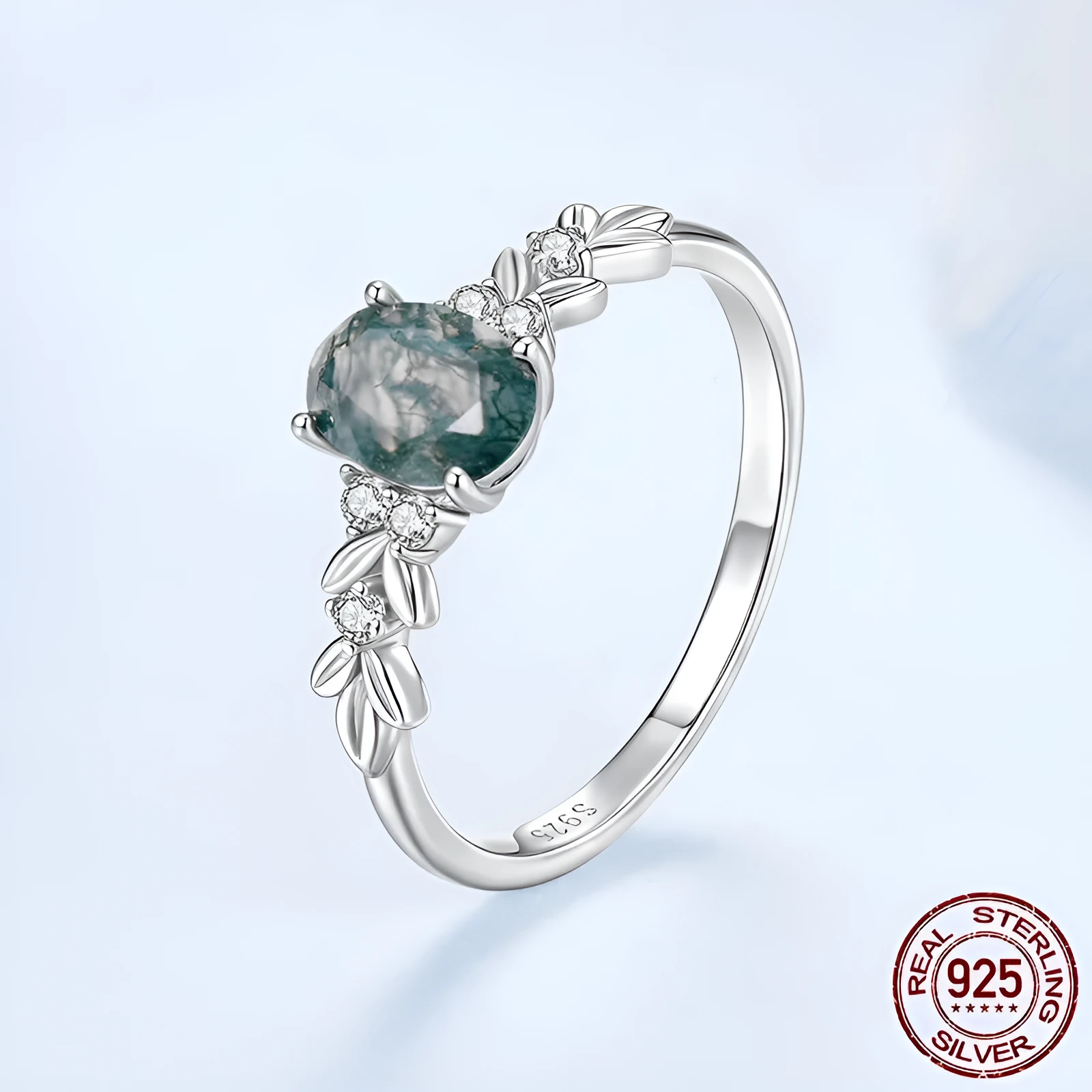 S925 sterling silver ring with natural seaweed agate centre, retro court style, geometry shape, available in size No 6, No 7, No 8