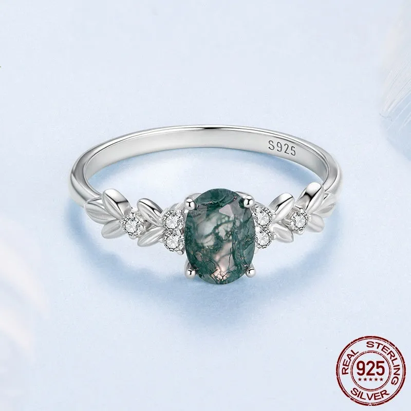 S925 sterling silver ring with natural seaweed agate centre, retro court style, geometry shape, available in size No 6, No 7, No 8