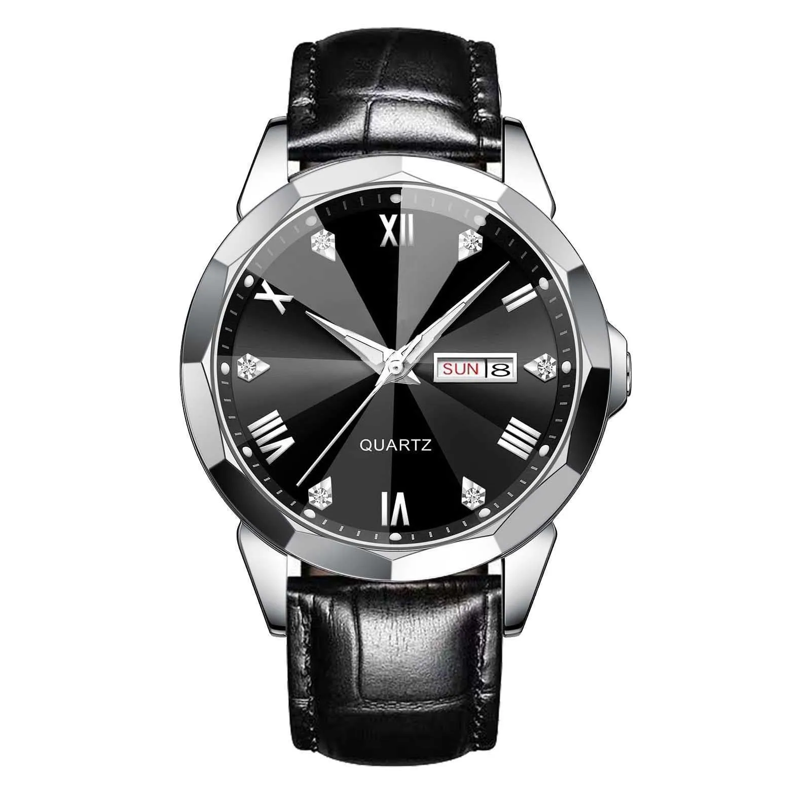 Business men's double calendar quartz watch with stainless steel strap and mineral glass face, available in multiple colours