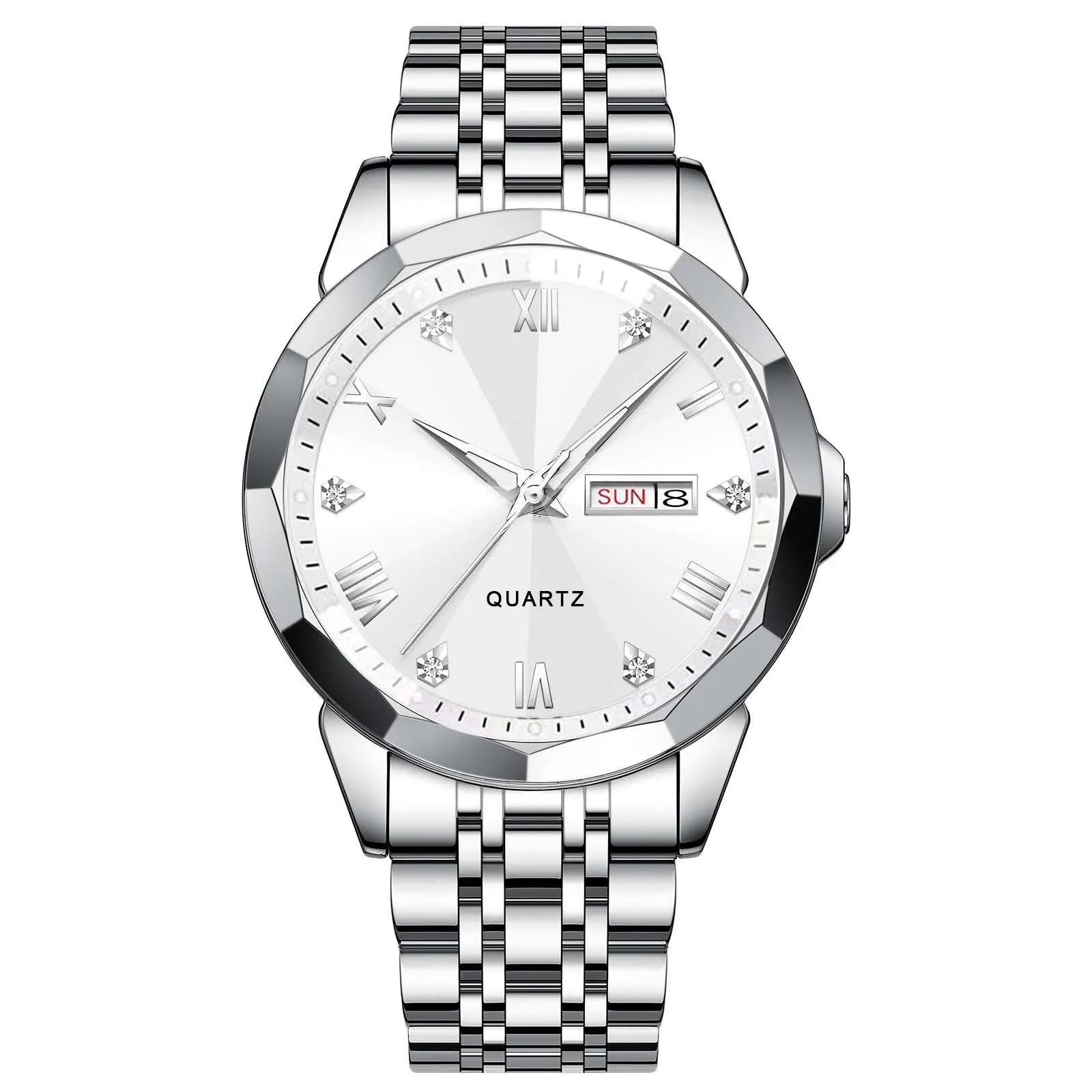 Business men's double calendar quartz watch with stainless steel strap and mineral glass face, available in multiple colours