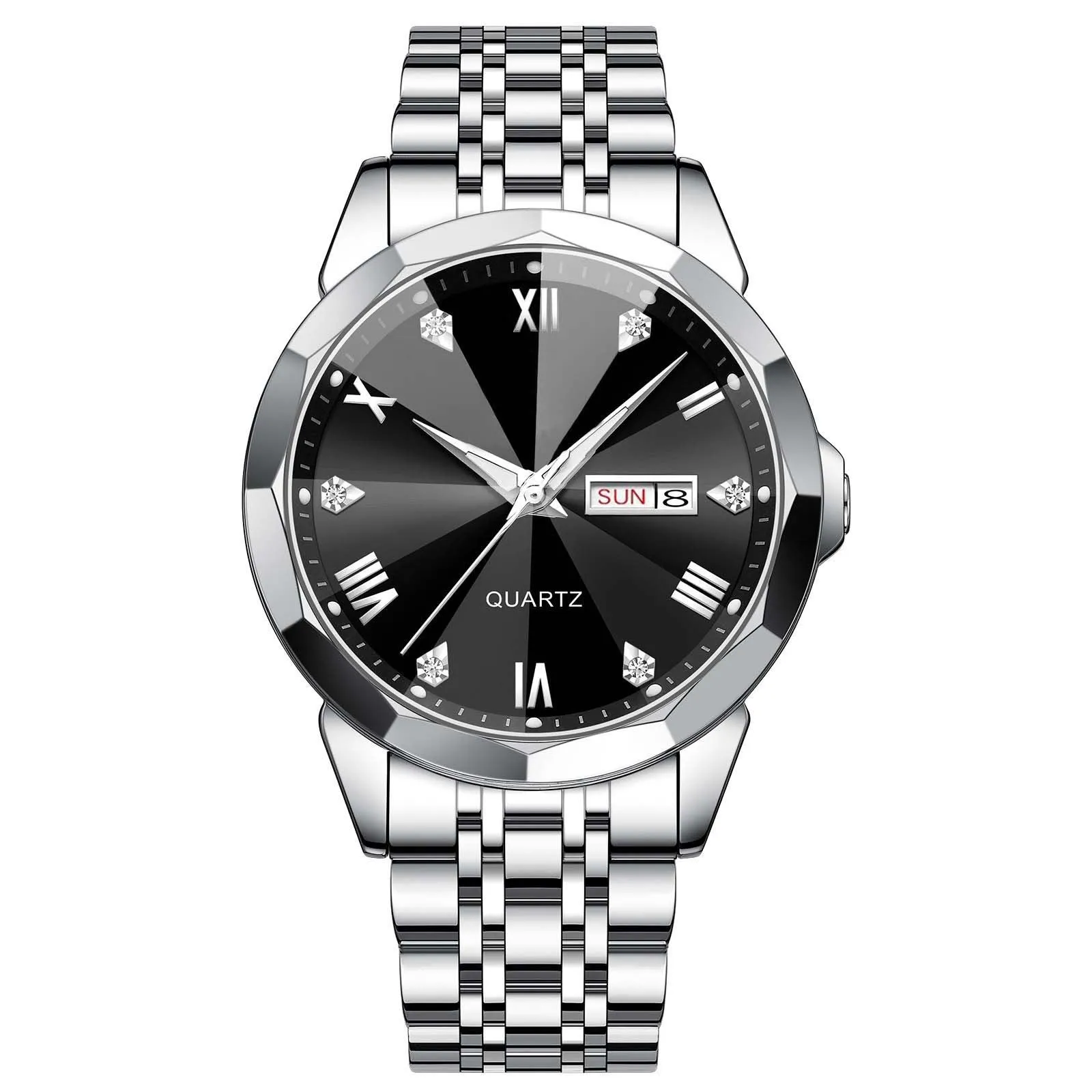 Business men's double calendar quartz watch with stainless steel strap and mineral glass face, available in multiple colours