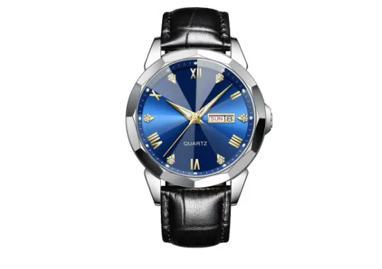 Business men's double calendar quartz watch with stainless steel strap and mineral glass face, available in multiple colours