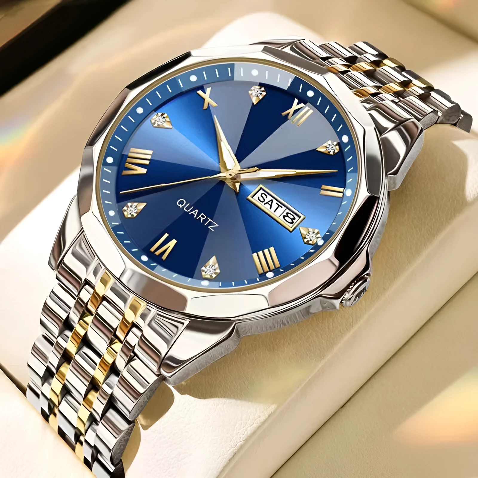 Business men's double calendar quartz watch with stainless steel strap and mineral glass face, available in multiple colours